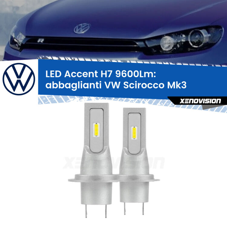 <strong>Kit LED Abbaglianti per VW Scirocco</strong> Mk3 2008-2017.</strong> Coppia lampade <strong>H7</strong> senza ventola e ultracompatte per installazioni in fari senza spazi.
