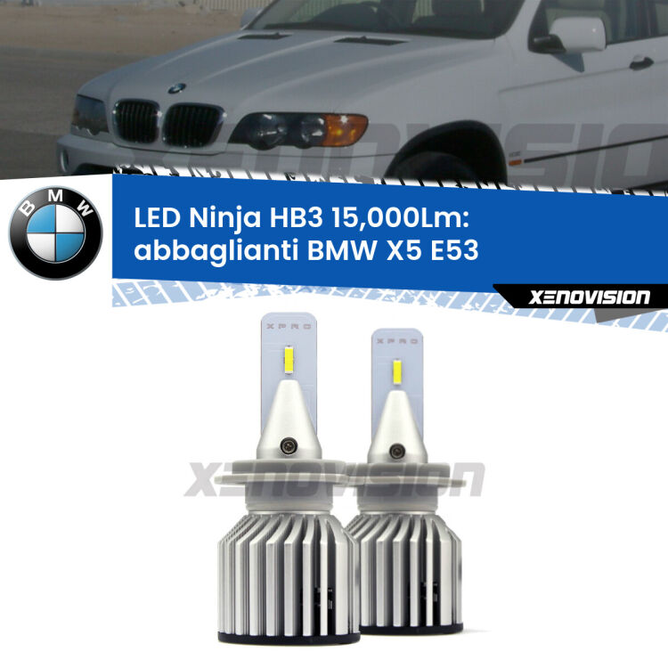 <strong>Kit abbaglianti LED specifico per BMW X5</strong> E53 1999-2003. Lampade <strong>HB3</strong> Canbus da 15.000Lumen di luminosità modello Eagle Xenovision.