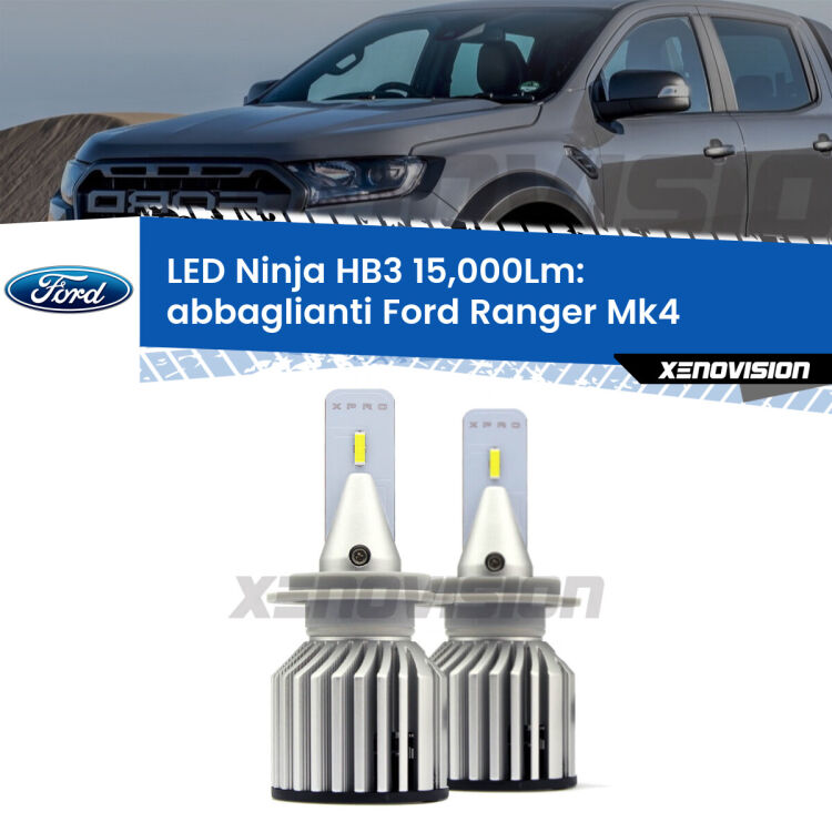 <strong>Kit abbaglianti LED specifico per Ford Ranger</strong> Mk4 con fari Xenon. Lampade <strong>HB3</strong> Canbus da 15.000Lumen di luminosità modello Eagle Xenovision.