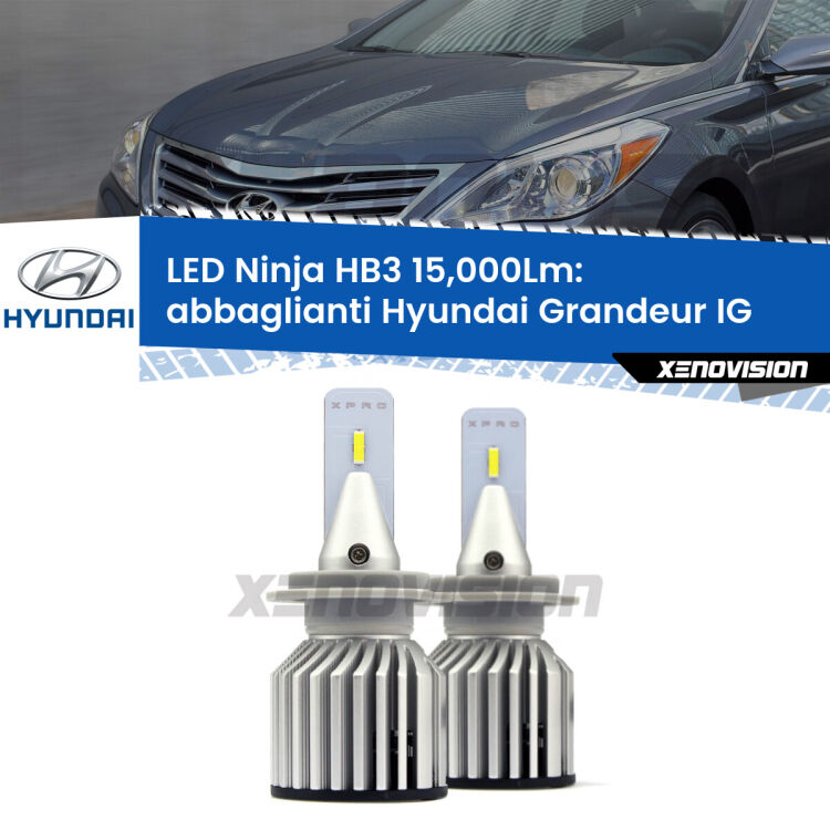<strong>Kit abbaglianti LED specifico per Hyundai Grandeur</strong> IG 2016in poi. Lampade <strong>HB3</strong> Canbus da 15.000Lumen di luminosità modello Eagle Xenovision.