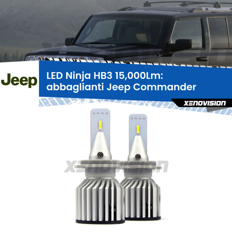 <strong>Kit abbaglianti LED specifico per Jeep Commander</strong>  2005-2010. Lampade <strong>HB3</strong> Canbus da 15.000Lumen di luminosità modello Eagle Xenovision.