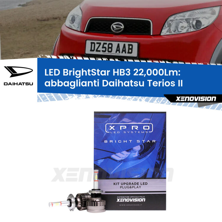 Abbaglianti LED HB3 22,000Lm per Daihatsu Terios II a parabola doppia <strong>Kit LED abbaglianti per Daihatsu Terios</strong> II a parabola doppia. </strong>Due lampade Canbus HB3 Brightstar da 22,000 Lumen. Qualità Massima.