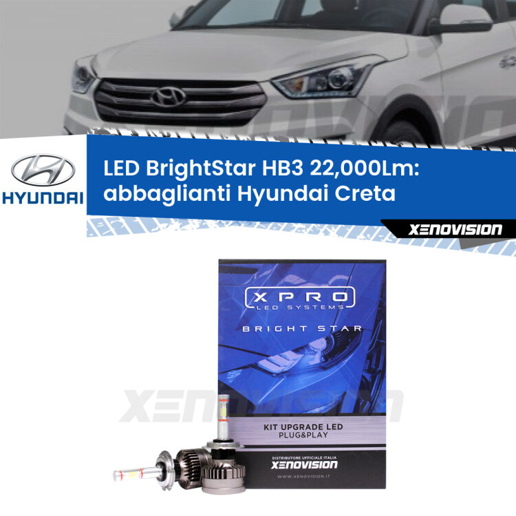 <strong>Kit LED abbaglianti per Hyundai Creta</strong>  2016in poi. </strong>Due lampade Canbus HB3 Brightstar da 22,000 Lumen. Qualità Massima.
