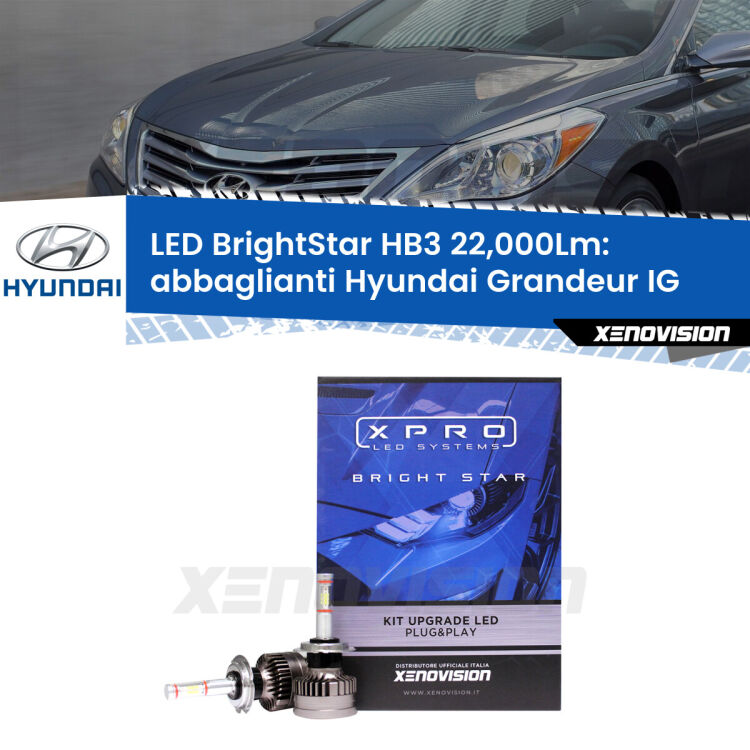 0 Abbaglianti LED HB3 22,000Lm per Hyundai Grandeur IG 2016 in poi <strong>Kit LED abbaglianti per Hyundai Grandeur</strong> IG 2016 in poi. </strong>Due lampade Canbus HB3 Brightstar da 22,000 Lumen. Qualità Massima.