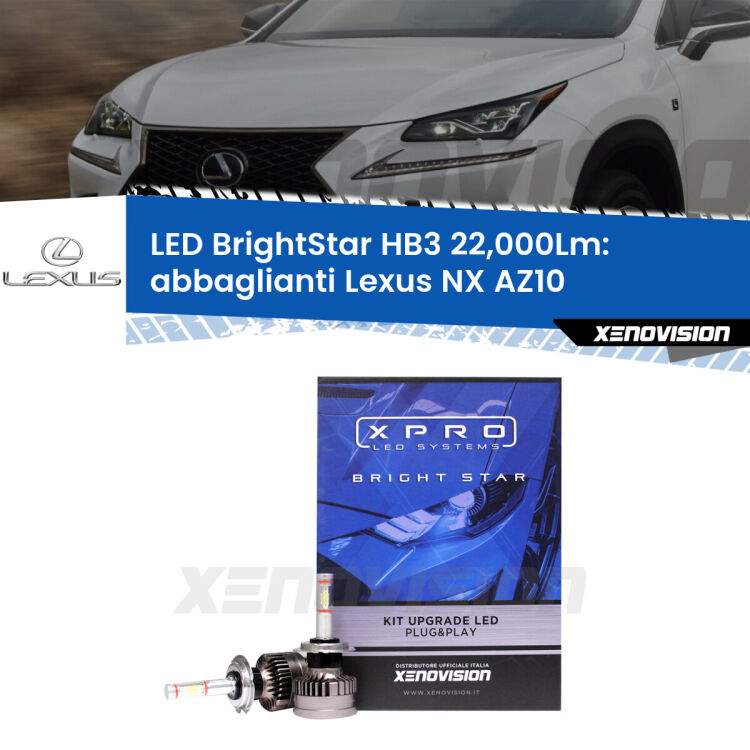 <strong>Kit LED abbaglianti per Lexus NX</strong> AZ10 2014-2020. </strong>Due lampade Canbus HB3 Brightstar da 22,000 Lumen. Qualità Massima.