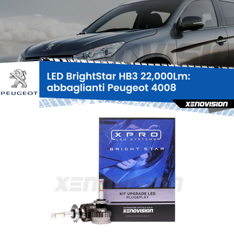 <strong>Kit LED abbaglianti per Peugeot 4008</strong>  2012in poi. </strong>Due lampade Canbus HB3 Brightstar da 22,000 Lumen. Qualità Massima.