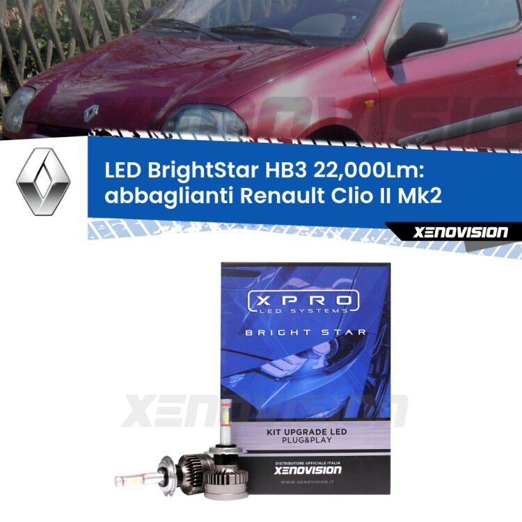 <strong>Kit LED abbaglianti per Renault Clio II</strong> Mk2 a parabola doppia. </strong>Due lampade Canbus HB3 Brightstar da 22,000 Lumen. Qualità Massima.
