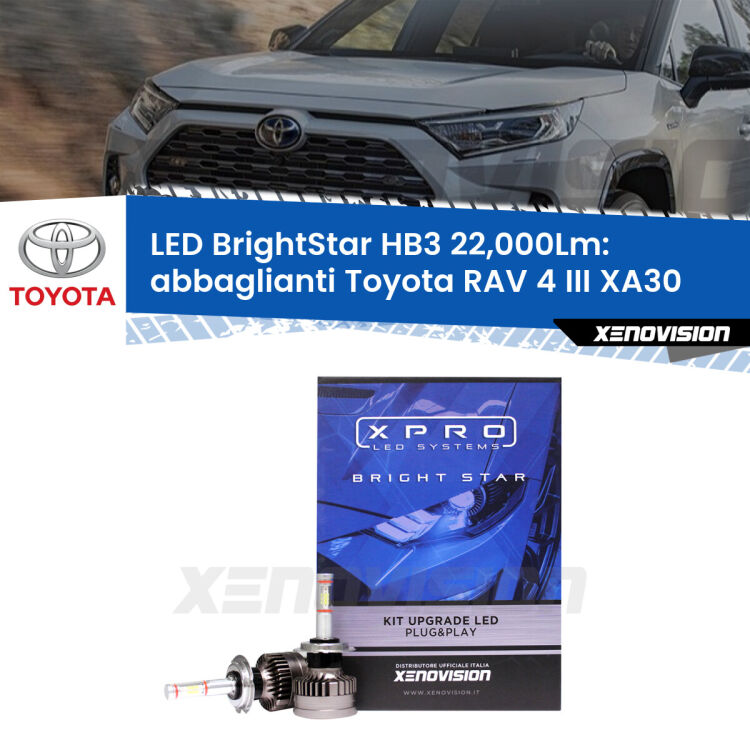 Abbaglianti LED HB3 22,000Lm per Toyota RAV 4 III XA30 2005 -2014 <strong>Kit LED abbaglianti per Toyota RAV 4 III</strong> XA30 2005 -2014. </strong>Due lampade Canbus HB3 Brightstar da 22,000 Lumen. Qualità Massima.