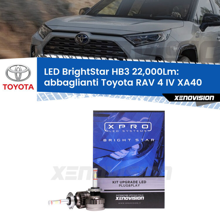Abbaglianti LED HB3 22,000Lm per Toyota RAV 4 IV XA40 2012 -2018 <strong>Kit LED abbaglianti per Toyota RAV 4 IV</strong> XA40 2012 -2018. </strong>Due lampade Canbus HB3 Brightstar da 22,000 Lumen. Qualità Massima.
