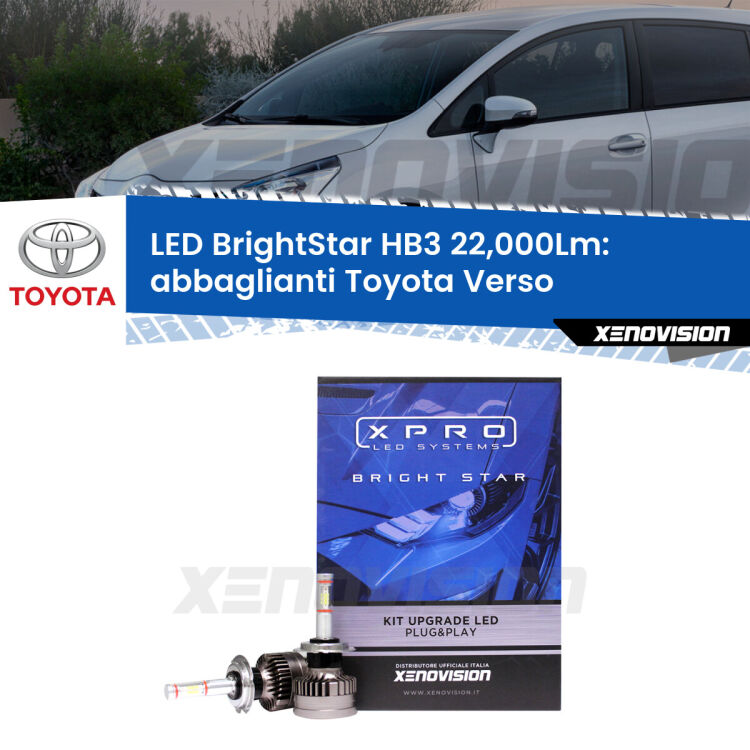 Abbaglianti LED HB3 22,000Lm per Toyota Verso con fari Xenon <strong>Kit LED abbaglianti per Toyota Verso</strong> con fari Xenon. </strong>Due lampade Canbus HB3 Brightstar da 22,000 Lumen. Qualità Massima.