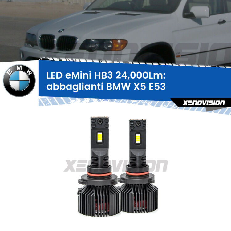 <strong>Kit abbaglianti LED specifico per BMW X5</strong> E53 1999-2003. Lampade <strong>HB3</strong> compatte, Canbus da 24.000Lumen Eagle Mini Xenovision.