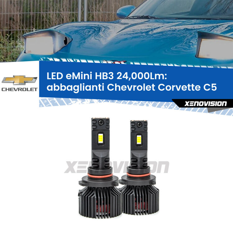 <strong>Kit abbaglianti LED specifico per Chevrolet Corvette</strong> C5 1997-2004. Lampade <strong>HB3</strong> compatte, Canbus da 24.000Lumen Eagle Mini Xenovision.