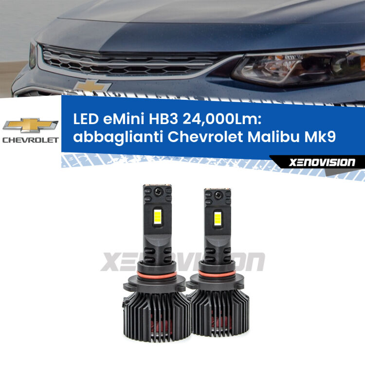 <strong>Kit abbaglianti LED specifico per Chevrolet Malibu</strong> Mk9 2016in poi. Lampade <strong>HB3</strong> compatte, Canbus da 24.000Lumen Eagle Mini Xenovision.