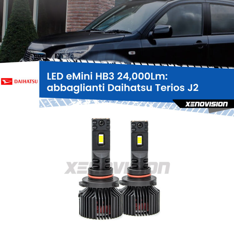 <strong>Kit abbaglianti LED specifico per Daihatsu Terios</strong> J2 a parabola doppia. Lampade <strong>HB3</strong> compatte, Canbus da 24.000Lumen Eagle Mini Xenovision.