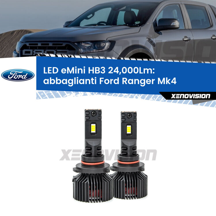 <strong>Kit abbaglianti LED specifico per Ford Ranger</strong> Mk4 2019in poi. Lampade <strong>HB3</strong> compatte, Canbus da 24.000Lumen Eagle Mini Xenovision.