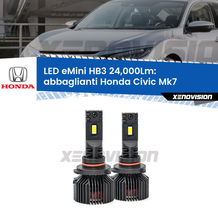 <strong>Kit abbaglianti LED specifico per Honda Civic</strong> Mk7 2004-2005. Lampade <strong>HB3</strong> compatte, Canbus da 24.000Lumen Eagle Mini Xenovision.