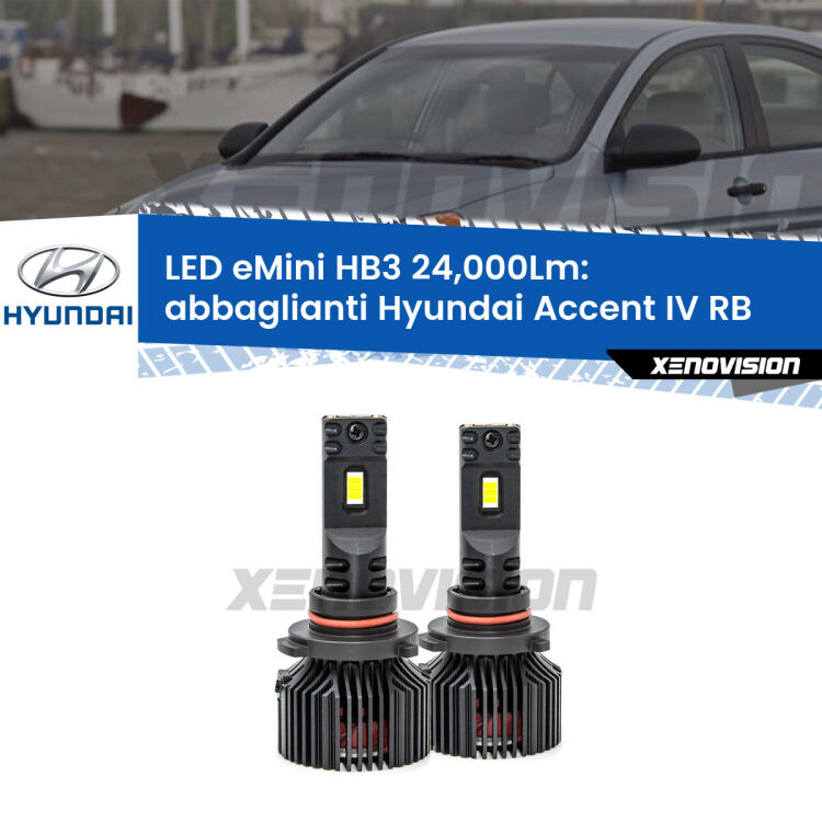 <strong>Kit abbaglianti LED specifico per Hyundai Accent IV</strong> RB 2010in poi. Lampade <strong>HB3</strong> compatte, Canbus da 24.000Lumen Eagle Mini Xenovision.