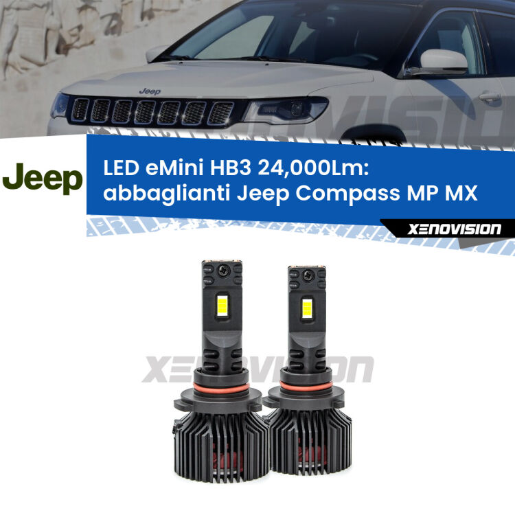<strong>Kit abbaglianti LED specifico per Jeep Compass</strong> MP MX 2017in poi. Lampade <strong>HB3</strong> compatte, Canbus da 24.000Lumen Eagle Mini Xenovision.