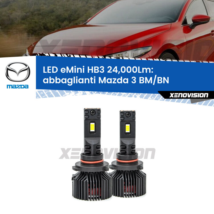 <strong>Kit abbaglianti LED specifico per Mazda 3</strong> BM/BN senza luci diurne. Lampade <strong>HB3</strong> compatte, Canbus da 24.000Lumen Eagle Mini Xenovision.
