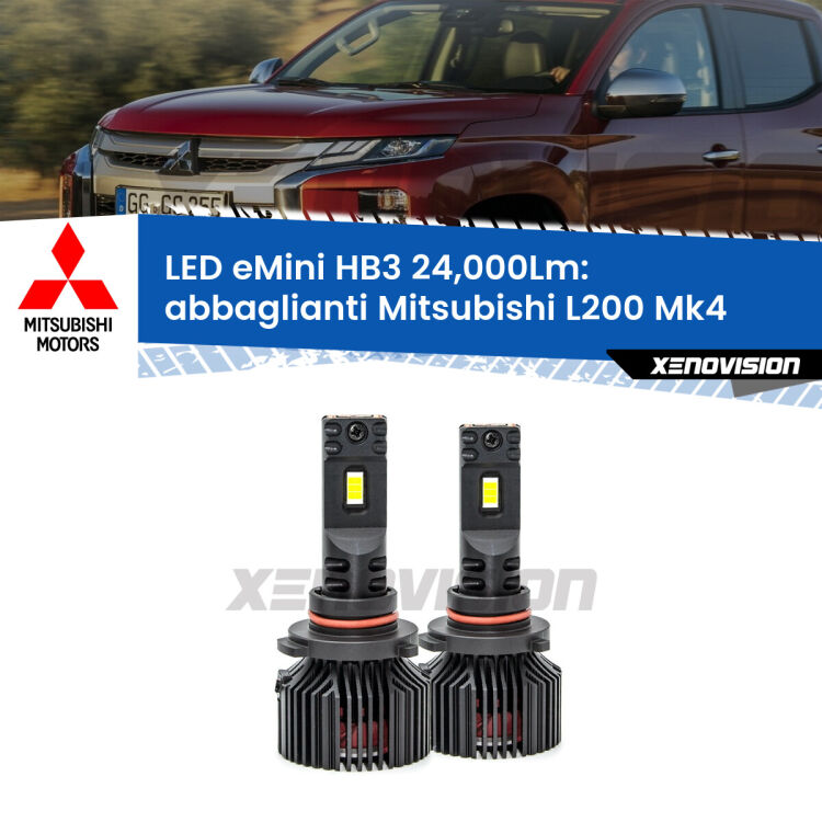 <strong>Kit abbaglianti LED specifico per Mitsubishi L200</strong> Mk4 a parabola doppia. Lampade <strong>HB3</strong> compatte, Canbus da 24.000Lumen Eagle Mini Xenovision.