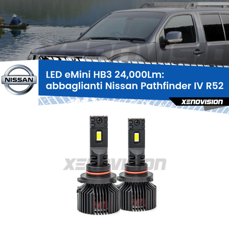 <strong>Kit abbaglianti LED specifico per Nissan Pathfinder IV</strong> R52 2012in poi. Lampade <strong>HB3</strong> compatte, Canbus da 24.000Lumen Eagle Mini Xenovision.