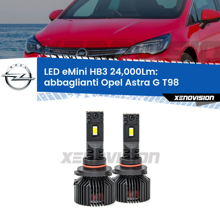 <strong>Kit abbaglianti LED specifico per Opel Astra G</strong> T98 2001-2005. Lampade <strong>HB3</strong> compatte, Canbus da 24.000Lumen Eagle Mini Xenovision.