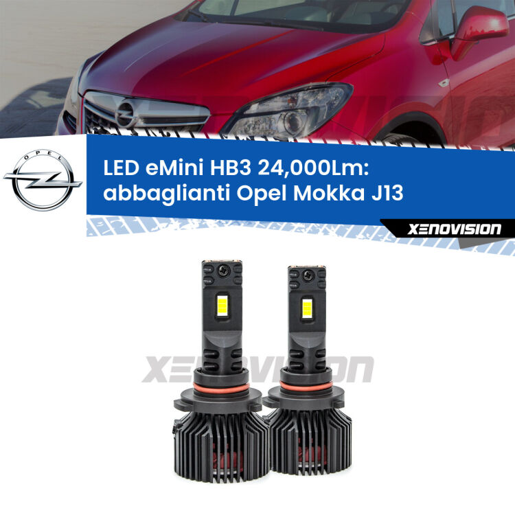 <strong>Kit abbaglianti LED specifico per Opel Mokka</strong> J13 2012-2019. Lampade <strong>HB3</strong> compatte, Canbus da 24.000Lumen Eagle Mini Xenovision.