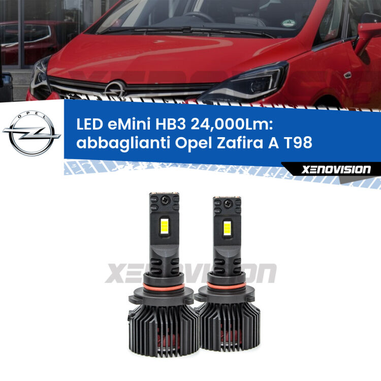 <strong>Kit abbaglianti LED specifico per Opel Zafira A</strong> T98 1999-2003. Lampade <strong>HB3</strong> compatte, Canbus da 24.000Lumen Eagle Mini Xenovision.