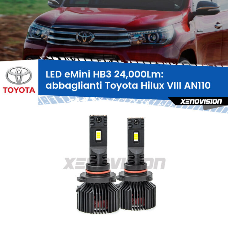 <strong>Kit abbaglianti LED specifico per Toyota Hilux VIII</strong> AN110 2015in poi. Lampade <strong>HB3</strong> compatte, Canbus da 24.000Lumen Eagle Mini Xenovision.