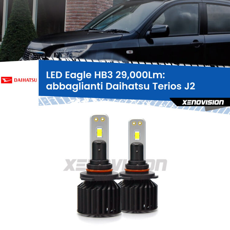 <strong>Kit abbaglianti LED specifico per Daihatsu Terios</strong> J2 a parabola doppia. Lampade <strong>HB3</strong> Canbus da 29.000Lumen di luminosità modello Eagle Xenovision.