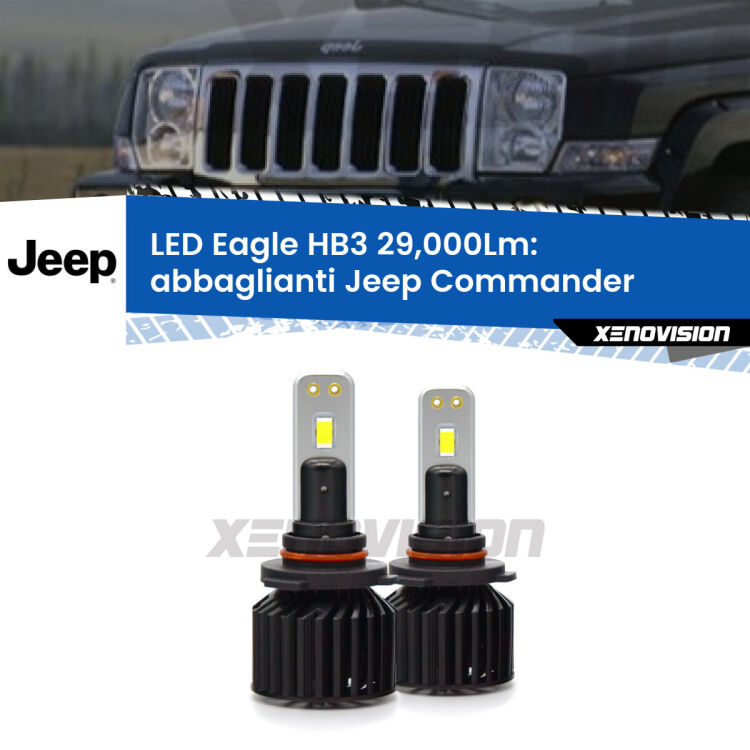 <strong>Kit abbaglianti LED specifico per Jeep Commander</strong>  2005-2010. Lampade <strong>HB3</strong> Canbus da 29.000Lumen di luminosità modello Eagle Xenovision.