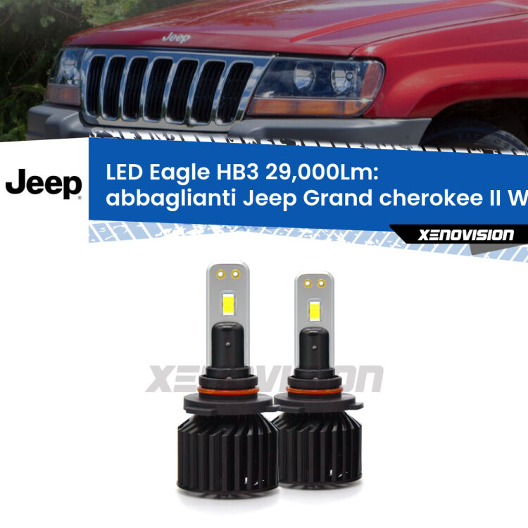 <strong>Kit abbaglianti LED specifico per Jeep Grand cherokee II</strong> WJ, WG 1999-2004. Lampade <strong>HB3</strong> Canbus da 29.000Lumen di luminosità modello Eagle Xenovision.