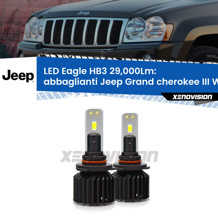 <strong>Kit abbaglianti LED specifico per Jeep Grand cherokee III</strong> WK 2005-2010. Lampade <strong>HB3</strong> Canbus da 29.000Lumen di luminosità modello Eagle Xenovision.