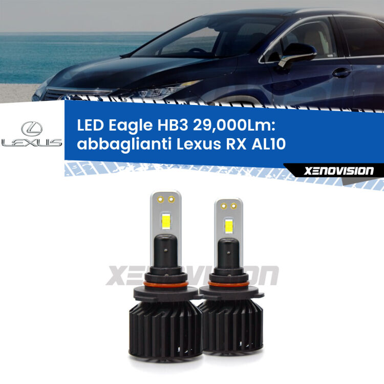 <strong>Kit abbaglianti LED specifico per Lexus RX</strong> AL10 con fari Xenon. Lampade <strong>HB3</strong> Canbus da 29.000Lumen di luminosità modello Eagle Xenovision.