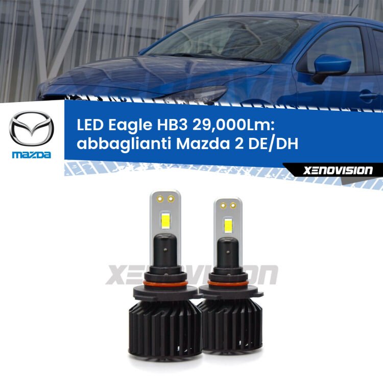 <strong>Kit abbaglianti LED specifico per Mazda 2</strong> DE/DH a parabola doppia. Lampade <strong>HB3</strong> Canbus da 29.000Lumen di luminosità modello Eagle Xenovision.