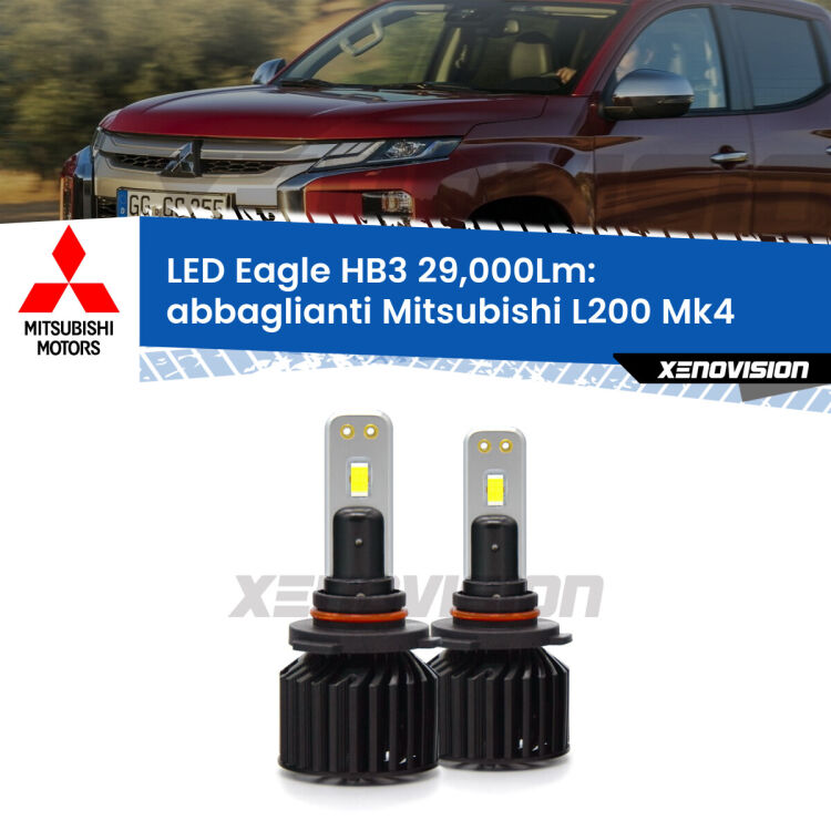 <strong>Kit abbaglianti LED specifico per Mitsubishi L200</strong> Mk4 a parabola doppia. Lampade <strong>HB3</strong> Canbus da 29.000Lumen di luminosità modello Eagle Xenovision.