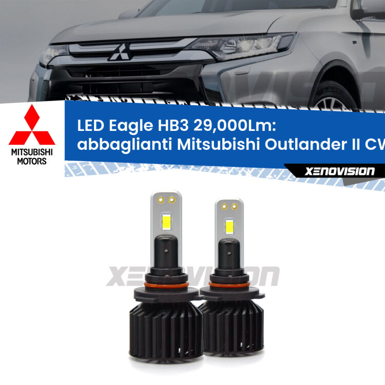 <strong>Kit abbaglianti LED specifico per Mitsubishi Outlander II</strong> CW 2006-2012. Lampade <strong>HB3</strong> Canbus da 29.000Lumen di luminosità modello Eagle Xenovision.