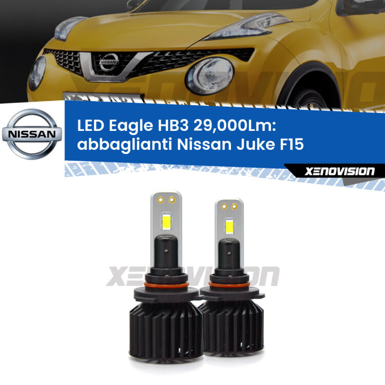 <strong>Kit abbaglianti LED specifico per Nissan Juke</strong> F15 2014-2018. Lampade <strong>HB3</strong> Canbus da 29.000Lumen di luminosità modello Eagle Xenovision.