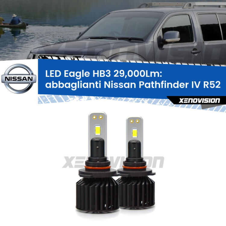 <strong>Kit abbaglianti LED specifico per Nissan Pathfinder IV</strong> R52 2012in poi. Lampade <strong>HB3</strong> Canbus da 29.000Lumen di luminosità modello Eagle Xenovision.