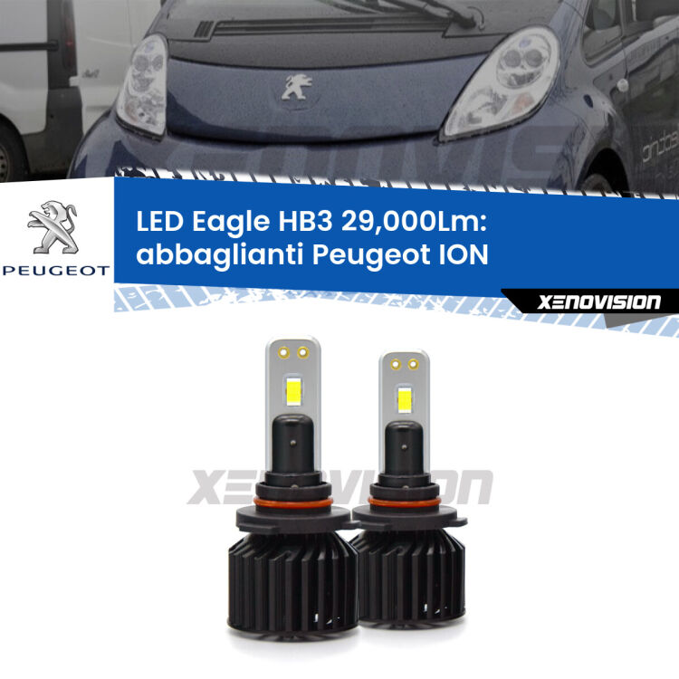 <strong>Kit abbaglianti LED specifico per Peugeot ION</strong>  2010-2019. Lampade <strong>HB3</strong> Canbus da 29.000Lumen di luminosità modello Eagle Xenovision.