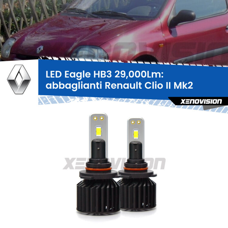 <strong>Kit abbaglianti LED specifico per Renault Clio II</strong> Mk2 a parabola doppia. Lampade <strong>HB3</strong> Canbus da 29.000Lumen di luminosità modello Eagle Xenovision.