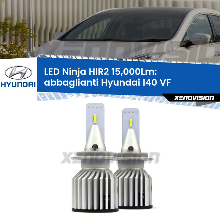 <strong>Kit abbaglianti LED specifico per Hyundai I40</strong> VF restyling. Lampade <strong>HIR2</strong> Canbus da 15.000Lumen di luminosità modello Ninja Xenovision.