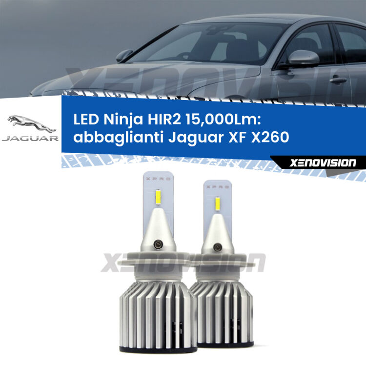<strong>Kit abbaglianti LED specifico per Jaguar XF</strong> X260 2015in poi. Lampade <strong>HIR2</strong> Canbus da 15.000Lumen di luminosità modello Ninja Xenovision.