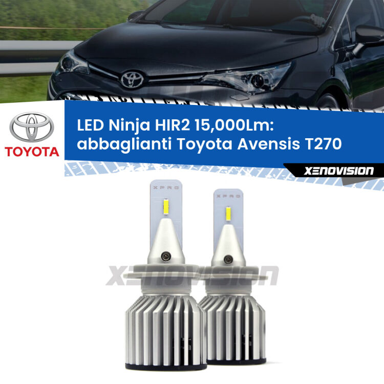 <strong>Kit abbaglianti LED specifico per Toyota Avensis</strong> T270 2015-2018. Lampade <strong>HIR2</strong> Canbus da 15.000Lumen di luminosità modello Ninja Xenovision.