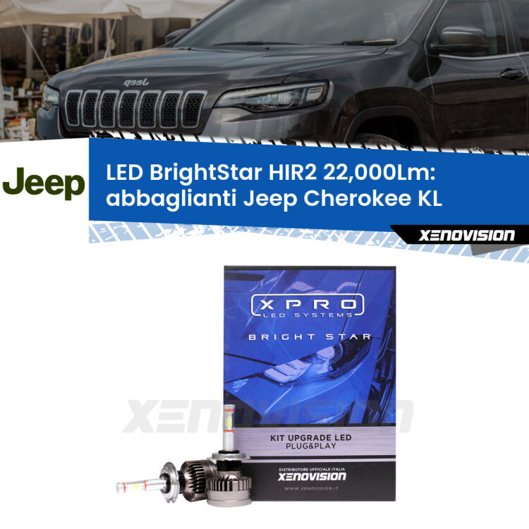 <strong>Kit LED abbaglianti per Jeep Cherokee</strong> KL 2014in poi. </strong>Due lampade Canbus HIR2 Brightstar da 22,000 Lumen. Qualità Massima.