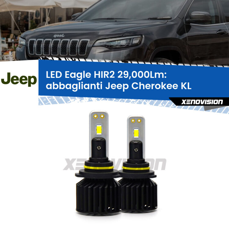 <strong>Kit abbaglianti LED specifico per Jeep Cherokee</strong> KL 2014in poi. Lampade <strong>HIR2</strong> Canbus da 29.000Lumen di luminosità modello Eagle Xenovision.