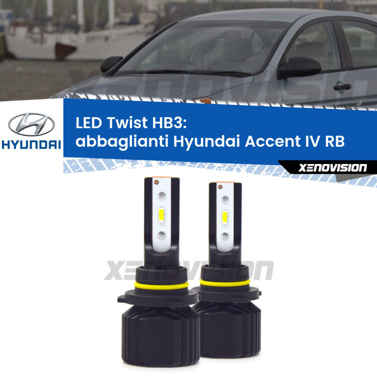 <strong>Kit abbaglianti LED</strong> HB3 per <strong>Hyundai Accent IV</strong> RB 2010in poi. Compatte, impermeabili, senza ventola: praticamente indistruttibili. Top Quality.