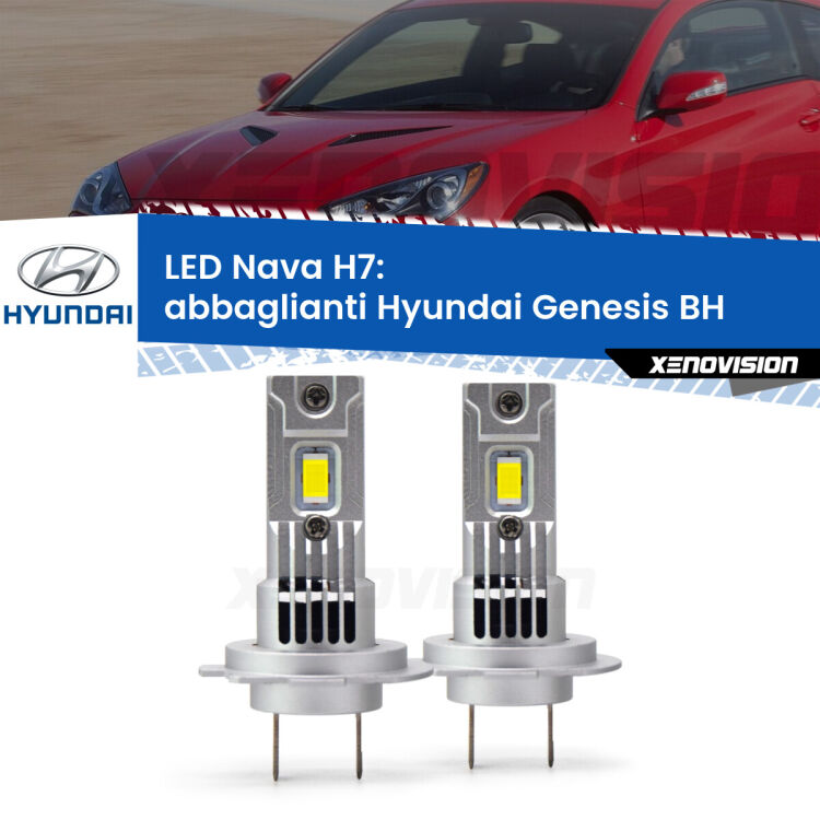 Abbaglianti LED Hyundai Genesis BH 2008 -2014: H7 Nava <strong>Abbaglianti LED no-spie per Hyundai Genesis</strong> BH 2008 -2014. Coppia lampade <strong>H7</strong> modello Nava canbus, raffreddate a ventola.