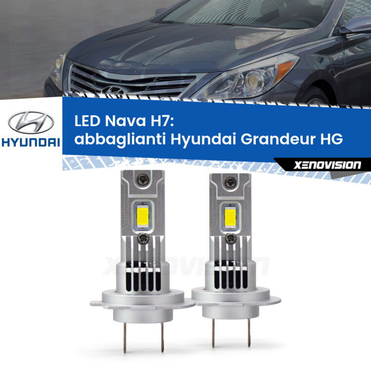 Abbaglianti LED Hyundai Grandeur HG 2011 -2016: H7 Nava <strong>Abbaglianti LED no-spie per Hyundai Grandeur</strong> HG 2011 -2016. Coppia lampade <strong>H7</strong> modello Nava canbus, raffreddate a ventola.