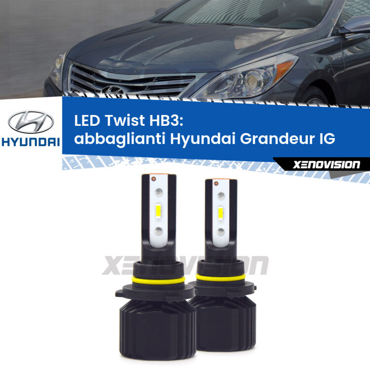 <strong>Kit abbaglianti LED</strong> HB3 per <strong>Hyundai Grandeur</strong> IG 2016in poi. Compatte, impermeabili, senza ventola: praticamente indistruttibili. Top Quality.